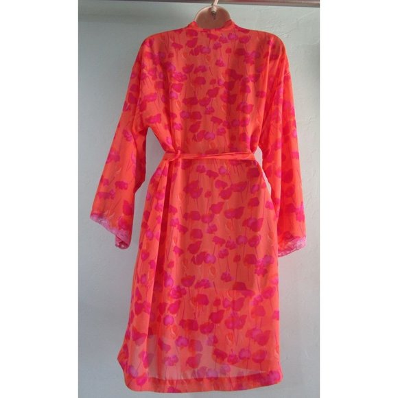 Natori Sheer Orange Purple Fuschia Scarf Print Lavender Lace Trim Robe Small - Picture 2 of 9
